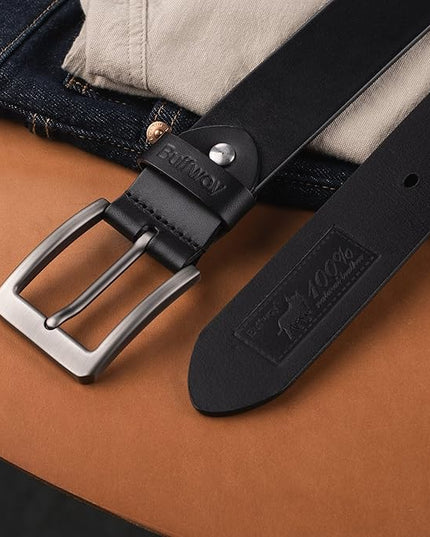 Buffway Men’s Full Grain Leather Belt – Solid One-Piece Leather, 1.5” Wide for Jeans & Business Casual, Gift Box Included