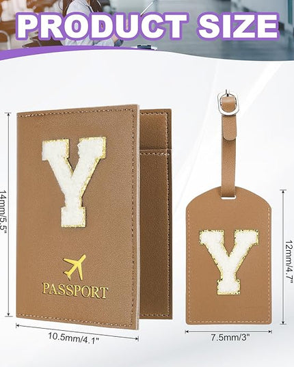 PATIKIL Passport Holder for Travel, Initial Passport Cover and Luggage Tag Set with Alphabet Chenille Letter Patch Travel Wallet Bag Suitcase Identifier for Women Family Travel Brown Y