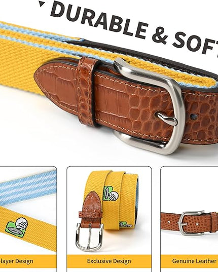 Mile High Life Golf Belts for Men, Canvas Belt with Genuine Leather Tips, Embroidered 2 Layer Web Belt with Pin Buckle