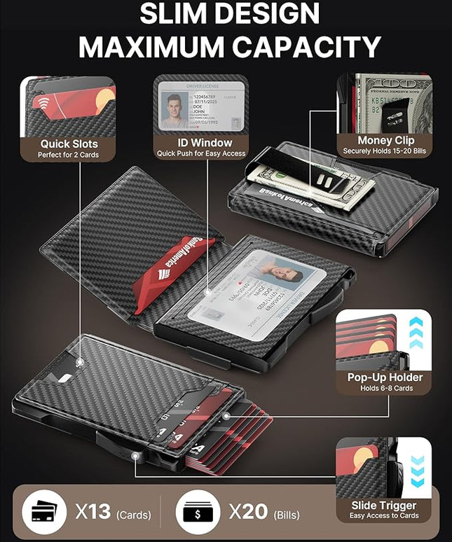 typecase Smart Wallet for Men: Metal Rfid Blocking Card Case, Ultra-Slim Bifold Wallet, Magnetic Card Holder, 9-13 Cards Capacitiy, Smart Popup Wallet for Men with Money Clip - Carbon Fiber