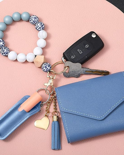 Weewooday Wristlet Bracelet Keychain Wallet Gift for Women Christmas Small Silicone Beaded Keyring Purse Leather Card Holder(Sky Blue)