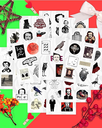 BulbaCraft 100Pcs Edgar Allan Poe Stickers for Water Bottle and Laptop - Edgar Allan Poe Party Supplies & Decorations, Waterproof Vinyl Decals, Literature and Gothic Stickers, Gifts for Women & Men