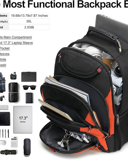 Boavan Laptop Backpack for men, 17.3 inch Laptop Bag with USB Port, Waterproof Travel Work Backpack Purse, Anti-Theft Teacher Nurse Doctor Casual Bookbags Office Business backpack，Black&Orange