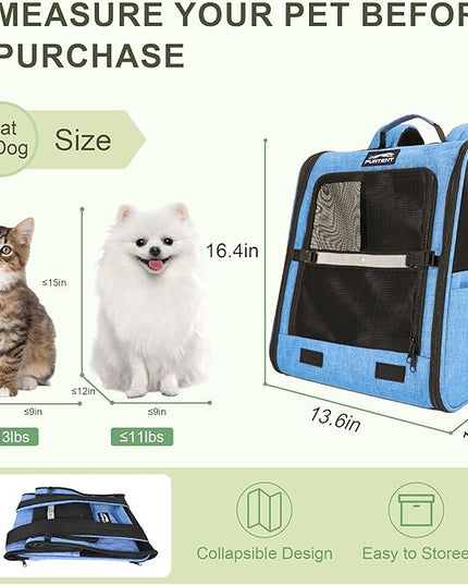 Cat Backpack Carrier with Ventilation Mesh and Safety Leash, Lightweight Dog Travel Backpack with Pockets, Reflective Strip, and Removable Mat,Hiking and Outdoor Use,Blue