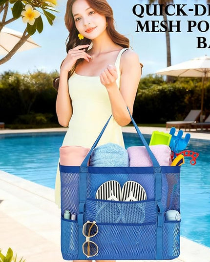 Mesh Beach Bag, Large Beach Tote with Zipper Pocket, Toys Pool Bag for Family Travel Vacation Cruise Essentials