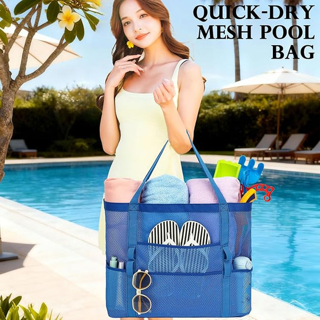 Mesh Beach Bag, Large Beach Tote with Zipper Pocket, Toys Pool Bag for Family Travel Vacation Cruise Essentials