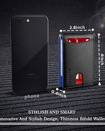 RUNBOX Slim Wallet for Men Genuine Leather RFID Blocking Bifold Minimalist Front Pocket Mens Wallet with Money Clip Thin Gift Box