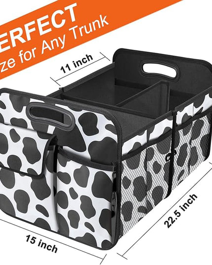 Trunk Organizer for Car, 72L Collapsible Waterproof Car Organizers and Storage, Car Accessories for Women and Men, Multi-Compartment Storage Organizer for SUV, Cow Print