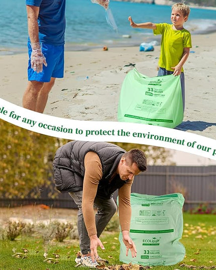 ECOLipak 33 Gallon Compostable Trash Garbage Bags, 25 Count (1 Roll) Biodegradable Heavy Duty Large Outdoor Trash Bags for Lawn/Yard, US BPI ASTM D6400 and OK Compost Home Certified
