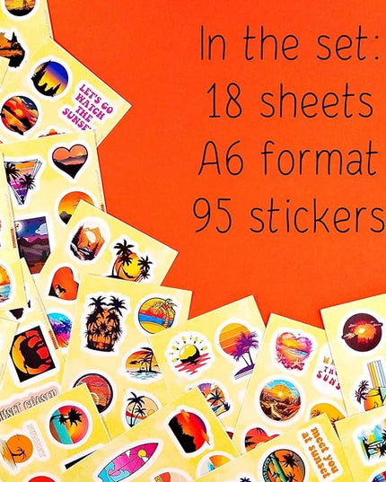 BulbaCraft Sunset Stickers - Beach Stickers, Sun Decals, Summer Decals for Water Bottle and Laptop, Palm Trees Party Supplies & Decorations, Beachy Stuff, Gifts for Women & Men