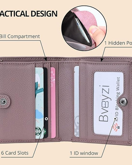 Bveyzi Ultra Slim Small RFID Wallet for Women, Leather Tiny Thin Bifold Pocket Ladies Wallet