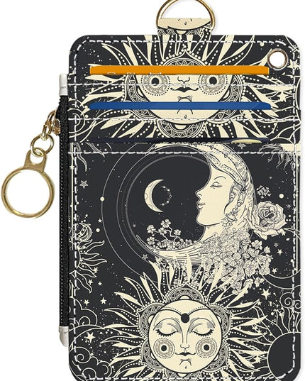 Slim Wallet Credit Card Holder, Sun and Moon FaceX, RFID Wallet Women Cute Small Front Pocket Wallet With Zipper, PU Leather Thin travel RFID Blocking Card Case ID Window,Ladies Gifts