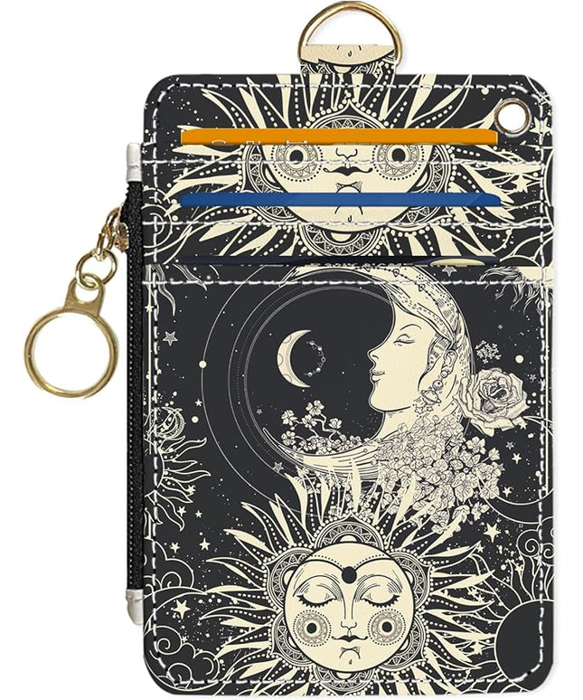 Slim Wallet Credit Card Holder, Sun and Moon FaceX, RFID Wallet Women Cute Small Front Pocket Wallet With Zipper, PU Leather Thin travel RFID Blocking Card Case ID Window,Ladies Gifts