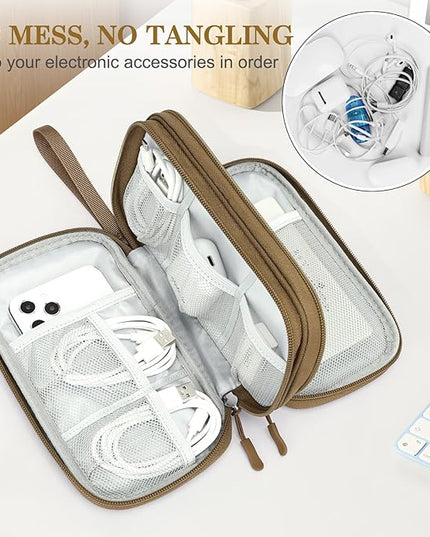 FYY Electronic Organizer, Travel Cable Organizer Bag Pouch Electronic Accessories Carry Case Portable Waterproof Double Layers Storage Bag for Cable, Charger, Phone, Earphone, Medium Size, Brown