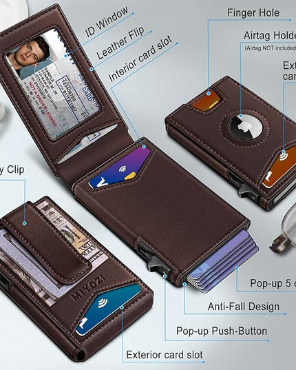 miyozi Airtag Wallet for Men Money Clip 9-Card Pop-Up Credit Card Holder with ID Window RFID Blocking Metal Case Magnetic Closure Front Pocket Wallet Gift Box