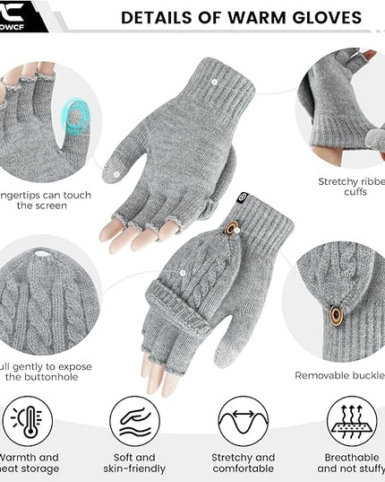 Winter Fingerless Gloves for Women Men Warm Knitted Convertible Mittens Flap Cover