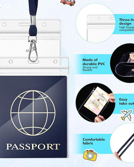 Patelai 50 Pcs 4 x 5.5 Inch Clear Passport Holders with Lanyard Extra Large PVC Card Holder Waterproof Name Badge Holder for Cruise Vacation Credit Card Plane Ticket Receipt (Navy Blue)