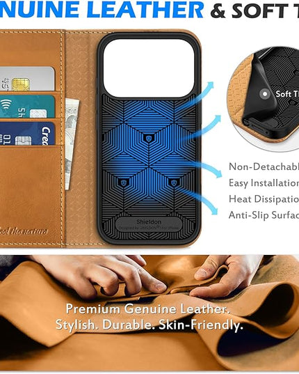 SHIELDON Case Wallet for iPhone 17 Pro 6.3-inch | Genuine Leather | Book Desgin | RFID Blocking Credit Card Slots | Magnetic Closure | Shock Absorbing Phone Cover | 2025 | Retro Light Brown