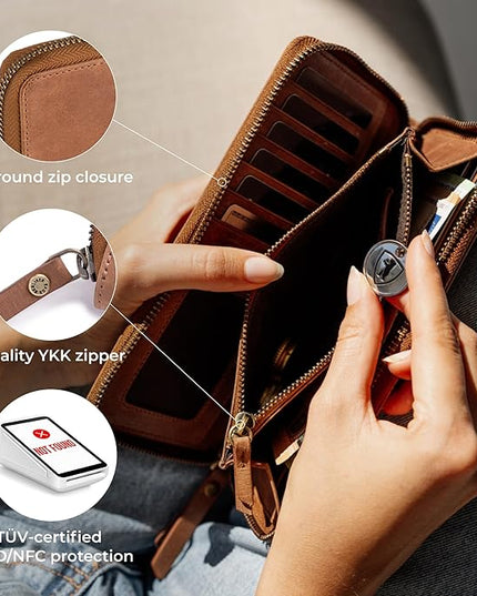 BERLINER BAGS Vintage Genuine Leather Wallet Margo, RFID Blocking Credit Card Holder, Slim Womens Wallet, Zip Around Wallet for 13 Cards and ID window, Bills, Coins - Brown