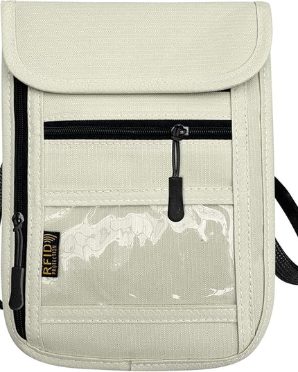RFID Blocking Travel Neck Wallet Pouch and Passport Holder, Travel Neck Pouch Passport Holder for Women & Men - Beige