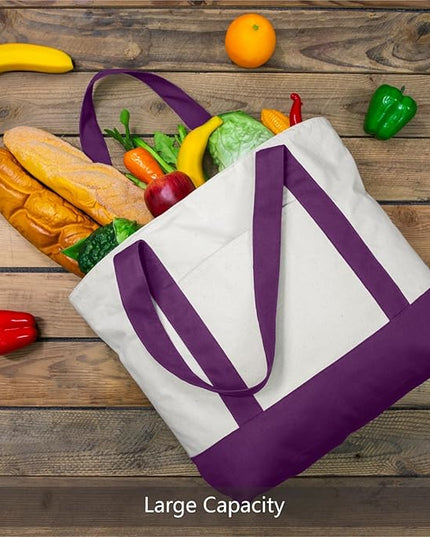 TOPDesign 1-Pack Canvas Tote Bag with an External Pocket, Reusable Grocery Shopping Bag, Top Zipper Closure, Daily Essentials (Purple/Natural)