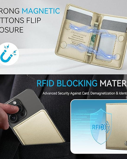 Defencase for Magsafe Wallet Magnetic Card Holder RFID Blocking, PU Leather Minimalist Phone Wallet for MagSafe Phones and Cases for iPhone 17/16/ 15/14/ 13/12/ Pro/Max/Plus/Air, Gold