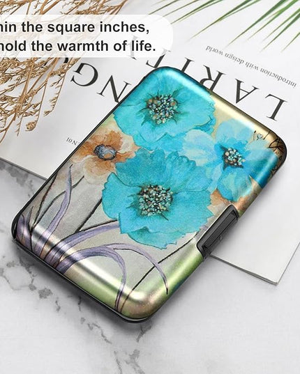 ELFISH Mini RFID Aluminum Wallet Credit Cards Holder Business Card Case Metal ID Case for Men Women(Blue Flower)