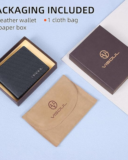 VISOUL Wallet for Men with 2 ID Windows 8 Credit Card Slots 2 Cash Compartments, Carbon Fiber Leather Bifold Mens Wallet with RFID Blocking (Carbon Fiber Black+Burgundy)
