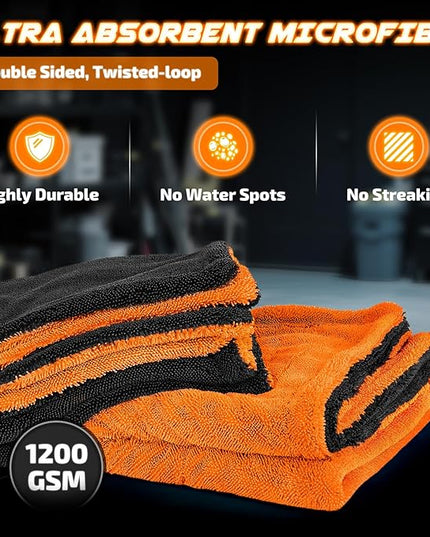2-Pack 1200 GSM Car Drying Towels – Microfiber Towels for Cars (36" x 24"), Ultra-Absorbent, Streak-Free, Scratch-Free, No Water Spots, Double-Twist Pile & Edgeless Design(Orange)