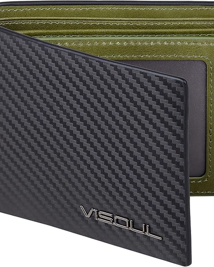 VISOUL Leather Mens Bifold RFID Blocking Wallet with 2 ID Windows, Leather Wallet for Men (Carbon Fiber, Black+Green)