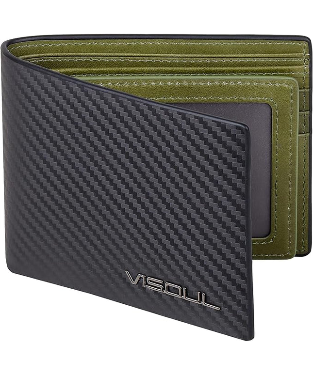 VISOUL Leather Mens Bifold RFID Blocking Wallet with 2 ID Windows, Leather Wallet for Men (Carbon Fiber, Black+Green)