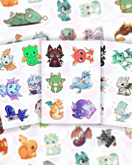 BulbaCraft 100Pcs Cute Dragon Stickers for Water Bottle and Laptop - Cute Dragon Party Supplies & Decorations, Waterproof Vinyl Decals, Fantasy and Fun Stickers, Gifts for Women & Men