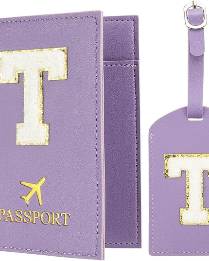 PATIKIL Passport Holder for Travel, Initial Passport Cover and Luggage Tag Set with Alphabet Chenille Letter Patch Travel Wallet Bag Suitcase Identifier for Women Family Travel Purple T