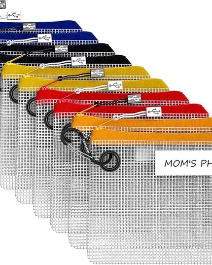 10 - USB Cable Organizer Pouches, Manage Cables, Travel Cable Oranizer, Color Coded with USB Zipper Pulls