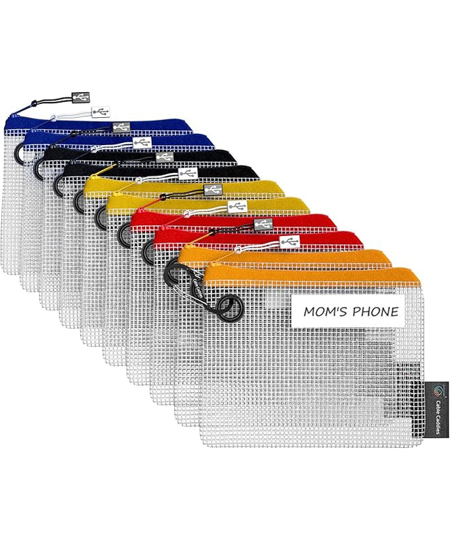 10 - USB Cable Organizer Pouches, Manage Cables, Travel Cable Oranizer, Color Coded with USB Zipper Pulls
