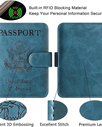 Passport Holder Cover Wallet Travel Essentials Leather Rfid Blocking Case Vacation Luggage Must Haves Travel Accessories for Men Women (120#Blue)