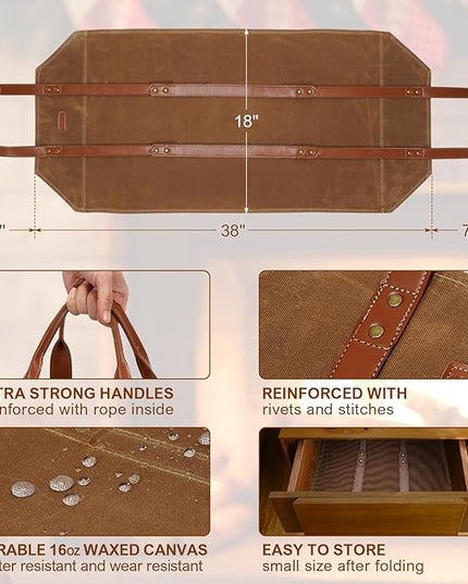 INNO STAGE Log Carrier|Waxed Canvas Log Holder|Firewood Carrier Tote Bag|Fireplace Wood Stove Accessories-Khaki