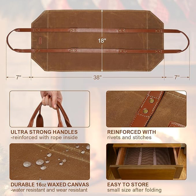 INNO STAGE Log Carrier|Waxed Canvas Log Holder|Firewood Carrier Tote Bag|Fireplace Wood Stove Accessories-Khaki