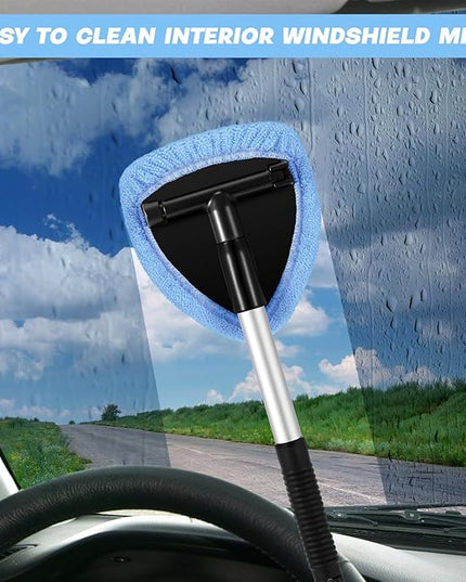 Baderke 10 Pcs Windshield Cleaner Tool Car Window Cleaning Supplies with Extendable Handle Include 6 Washable Microfiber Bonnets 2 Empty 60ml Spray Bottle Glass Wiper Kit(Light Blue)