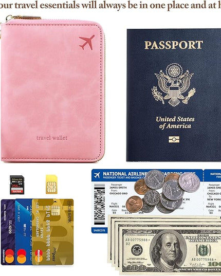 Passport Holder for Travel Women and Men RFID Passport Holder with Card Slots Holder Passport Case Passport cover Passport Wallet Travel Essentials and Accessories (Short Zipper, SZH-Pink)