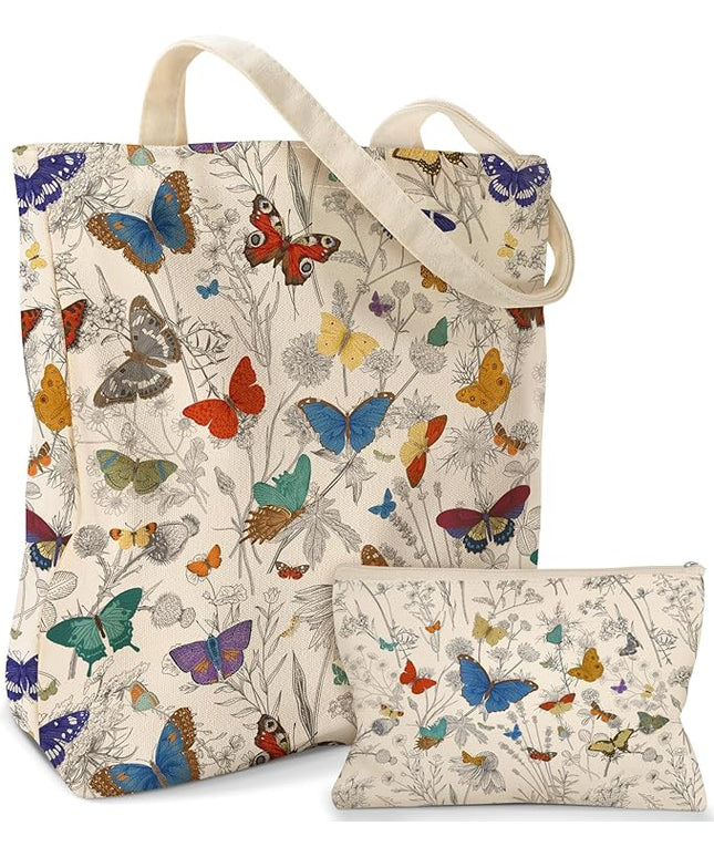 Aesthetic 2 Pack Canvas Tote Bag - with Makeup Pouch Bag for Women Reusable Grocery Bag for Gym, Travel, Work