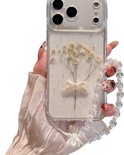 for iPhone 17 Air Case - Real Flower Gold Foil Transparent Case with Bracelet - Soft TPU for Women and Girls