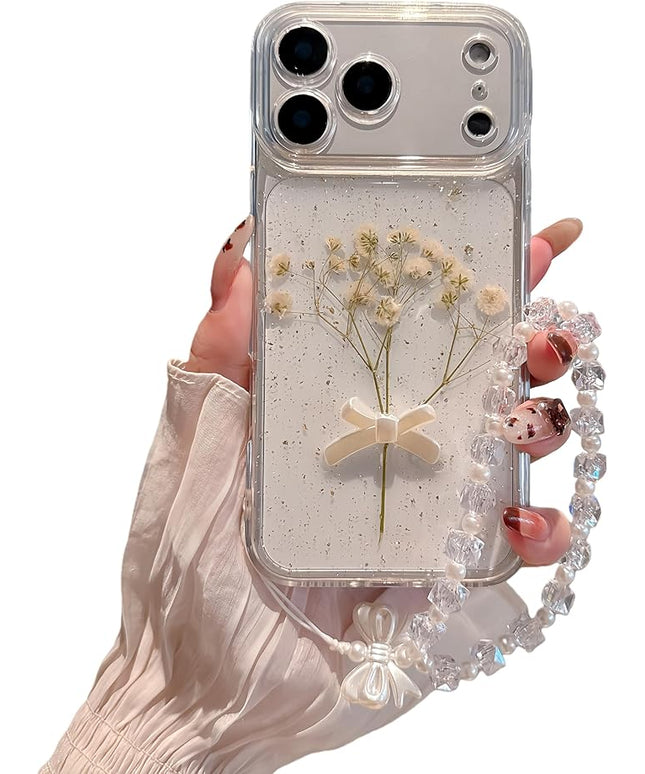 for iPhone 17 Case - Real Flower Gold Foil Transparent Case with Bracelet - Soft TPU for Women and Girls