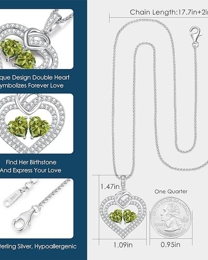 LOUISA SECRET Sparkling Double Heart Birthstone Necklaces for Women, 925 Sterling Silver Fine Jewelry, Pendant Heart Necklaces Birthday Anniversary Christmas Gift for Women Wife Mom Girlfriend Lady
