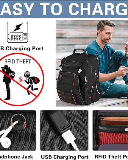 18.4 inch Laptop Backpack, Extra Large Travel Laptop Backpack with USB Charging Port, Big Capacity TSA Friendly RFID Anti Theft Pocket Heavy Duty Computer Bag for Men Women,21.2*15.5*11.5 inch Orange