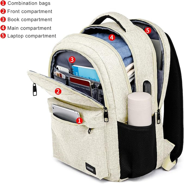 Teen Girls School Backpack 15.6 Inch Laptop Bookbag - Water Resistant College Backpack for Students, Lightweight & Sturdy, Beige