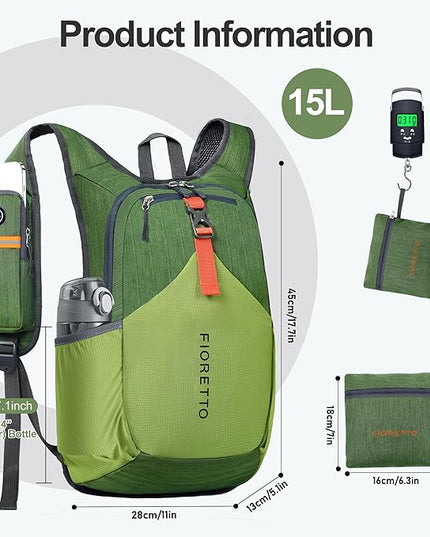 FIORETTO 15L Hiking Backpack for Women Men Mini Packable Backpack Lightweight Small Daypack for Camping Travel Outdoor, Green