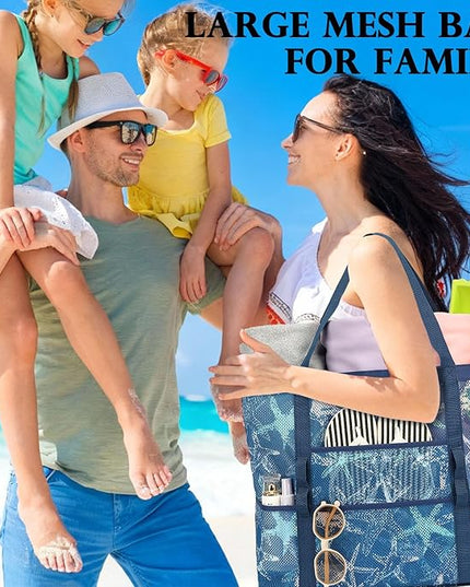 Mesh Beach Bag, Large Beach Tote with Zipper Pocket, Toys Pool Bag for Family Travel Vacation Cruise Essentials