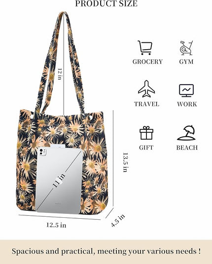 Corduroy Tote Bag Cute Tote Bags for Women Shoulder Bag with Inner Pocket for Work Beach Travel and Shopping Grocery