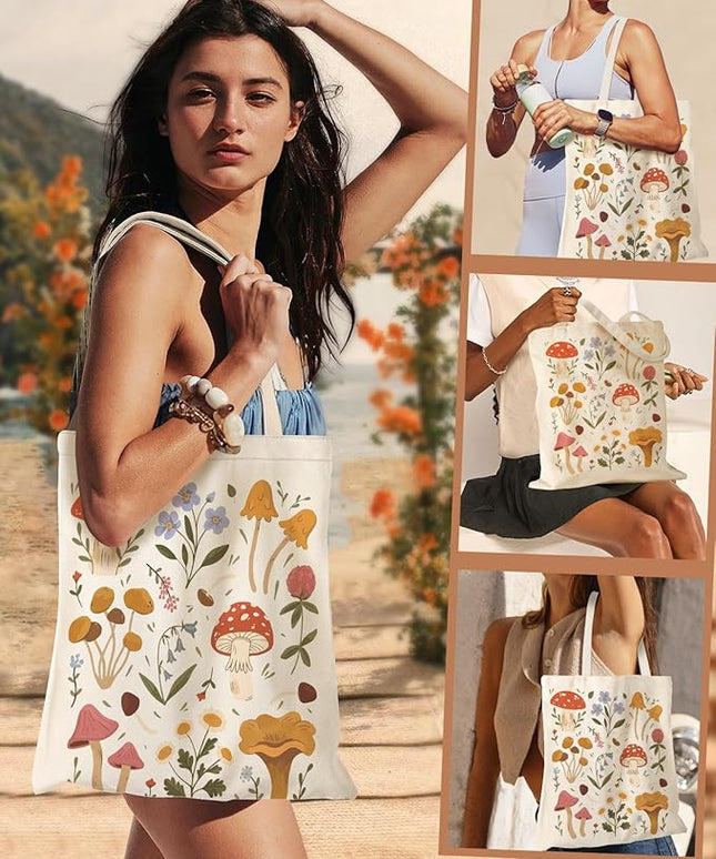 Aesthetic Canvas Tote Bag for Women - Sturdy Cloth Cotton Totes Bag with Pattern Shoulder Bag
